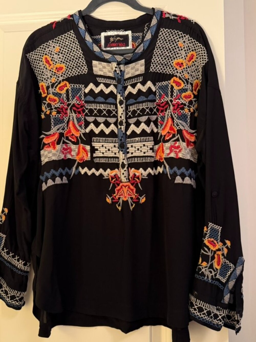 Johnny Was Black Embroidered Boho Tunic Top with Multicolor Floral Stitching
